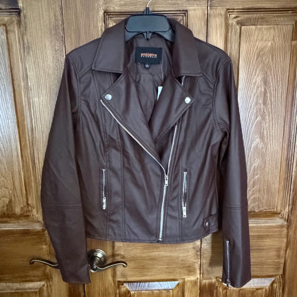 NEW Ambiance Chocolate Brown Faux Leather Moto Jacket Size Large